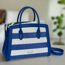 Load image into Gallery viewer, Kate Spade Knott Striped Medium Crossbody Satchel Blue Straw Leather Shoulder Bag