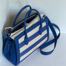 Load image into Gallery viewer, Kate Spade Knott Striped Medium Crossbody Satchel Blue Straw Leather Shoulder Bag