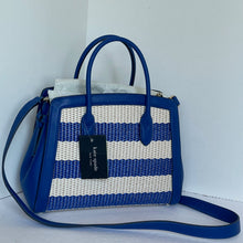 Load image into Gallery viewer, Kate Spade Knott Striped Medium Crossbody Satchel Blue Straw Leather Shoulder Bag