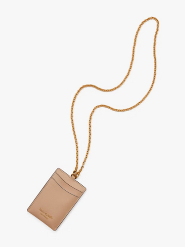 Kate Spade Lanyard ID Card Holder Brown Leather Detachable Chain Gold