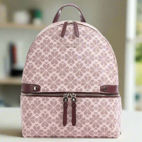 Kate Spade Flower Jacquard Backpack Large Beige Coated Canvas Leather