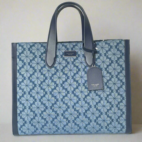 Kate Spade Large Manhattan Tote Bag Blue Flower Jacquard Denim Shoulder Strap