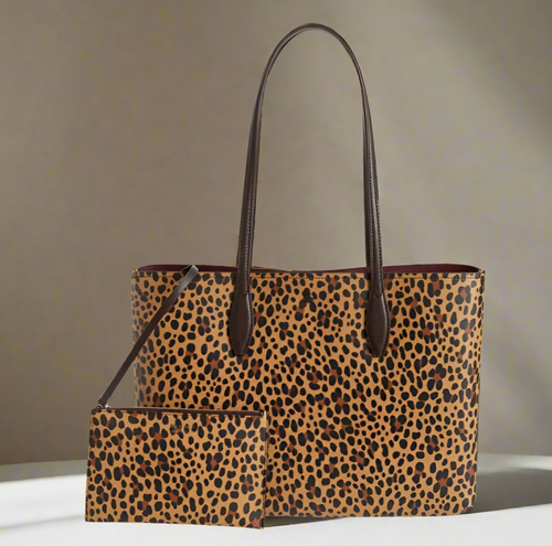 Kate Spade Leopard All Day Tote Brown Leather Shoulder Bag Wristlet Set