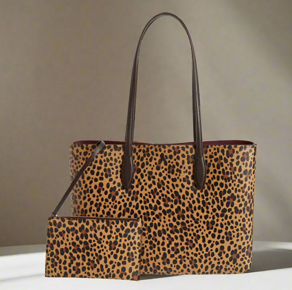 Kate Spade Leopard All Day Tote Brown Leather Shoulder Bag Wristlet Set