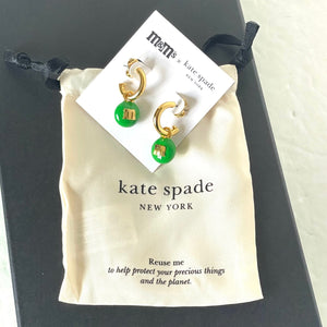 Kate Spade M&M's Green Charm Huggies Cuff Earrings Gold Tone Candy