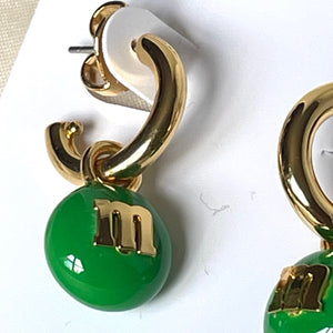 Kate Spade M&M's Green Charm Huggies Cuff Earrings Gold Tone Candy