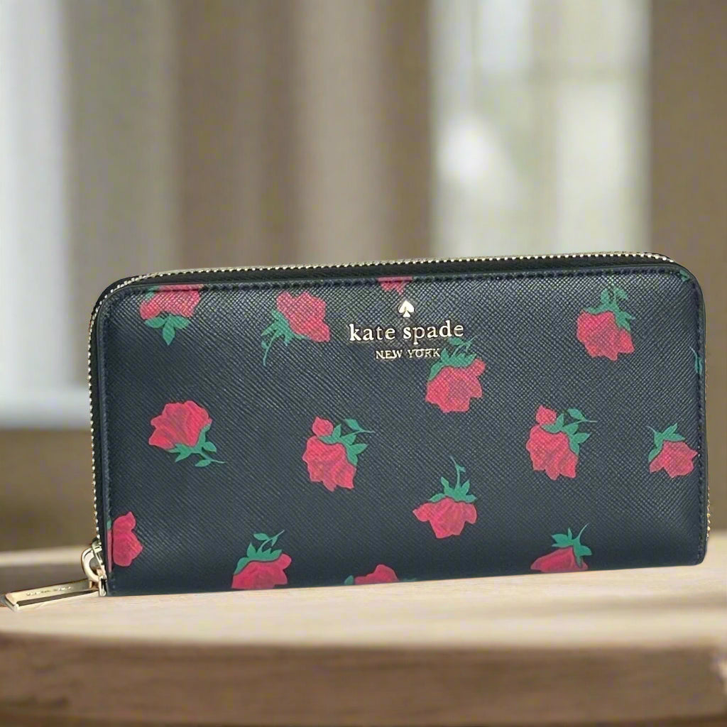 Kate Spade Madison Black Floral Slim Wallet Rose Toss Large