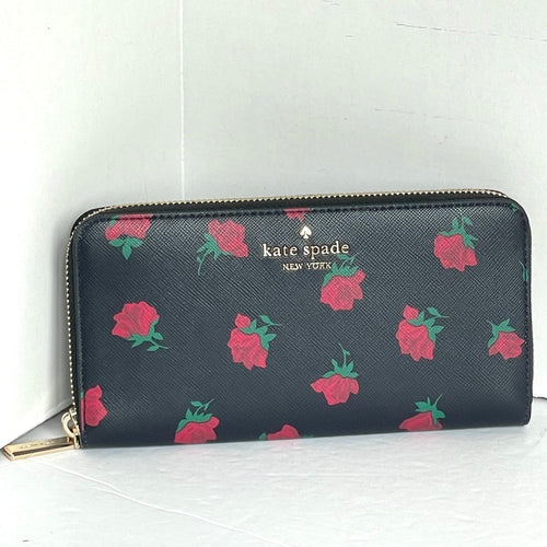 Kate Spade Madison Wallet Black Rose Toss Large Continental Wallet Floral Slim