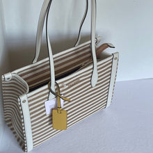 Load image into Gallery viewer, Kate Spade Market Stripe Medium Tote Beige Stripe Canvas Zip Shoulder Bag