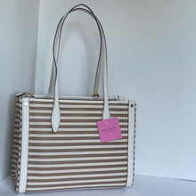 Load image into Gallery viewer, Kate Spade Market Stripe Medium Tote Beige Stripe Canvas Zip Shoulder Bag