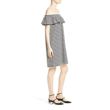 Load image into Gallery viewer, Black and white striped off-shoulder dress on a mannequin against a white background