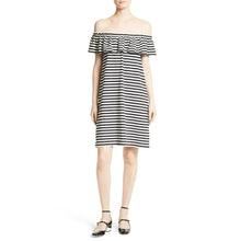Load image into Gallery viewer, Black and white striped off-shoulder dress on a white background