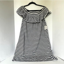 Load image into Gallery viewer, Black and white striped off-shoulder dress on a hanger against a white background