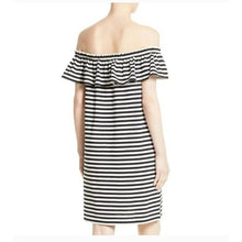 Load image into Gallery viewer, Black and white striped off-shoulder dress on a mannequin against a white background