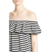 Load image into Gallery viewer, Black and white striped off-shoulder top on a white background