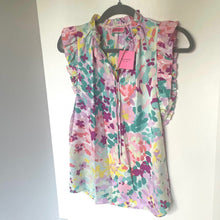 Load image into Gallery viewer, Kate_Spade_Painted_Petals_Tie-Neck_Ruffle_Blouse_Pink_Blue_Floral