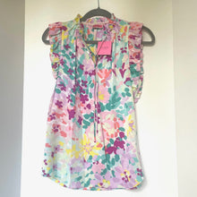 Load image into Gallery viewer, Kate_Spade_Painted_Petals_Tie-Neck_Ruffle_Blouse_Pink_Blue_Floral