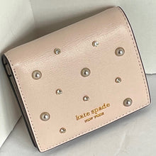 Load image into Gallery viewer, Kate Spade Purl Pearl Small Bifold Wallet Beige Saffiano Leather Crystal Snap
