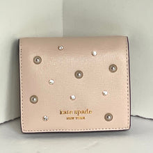 Load image into Gallery viewer, Kate Spade Purl Pearl Small Bifold Wallet Beige Saffiano Leather Crystal Snap