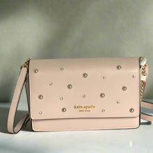 Load image into Gallery viewer, Kate_Spade_Purl_Pearl_Flap_Shoulder_Bag_Beige_Clutch_Chain_Wallet_Crystals