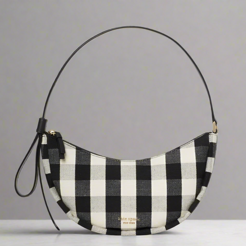Kate Spade Smile Shoulder Bag Gingham Check Small Black Leather Trim Zip