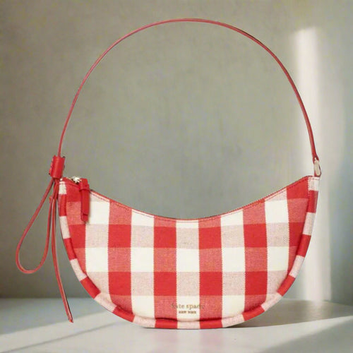 Kate Spade Smile Shoulder Bag Red Gingham Small Leather Fabric Zip Top