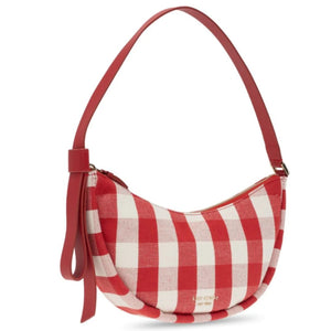 Kate Spade Smile Shoulder Bag Red Gingham Small Leather Fabric Zip Top