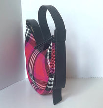 Load image into Gallery viewer, Plaid patterned bag with a black strap on a white background
