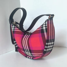 Load image into Gallery viewer, Plaid patterned handbag with black strap on a white background