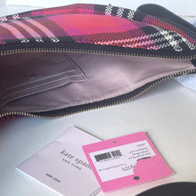 Load image into Gallery viewer, Plaid patterned pouch with a pink tag and 'kate spade' card on a white surface