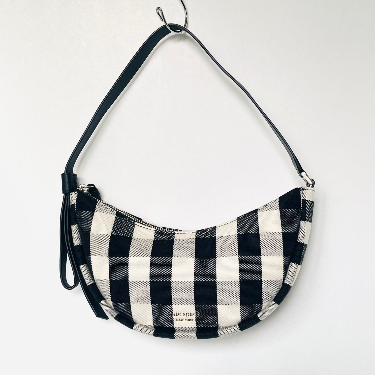 Kate Spade Smile Small Gingham Shoulder Bag Black Check Leather Trim
