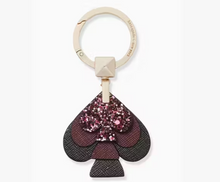 Load image into Gallery viewer, Kate Spade Stacked Spade Glitter Key Fob Bag Charm Gold Purple Black Leather