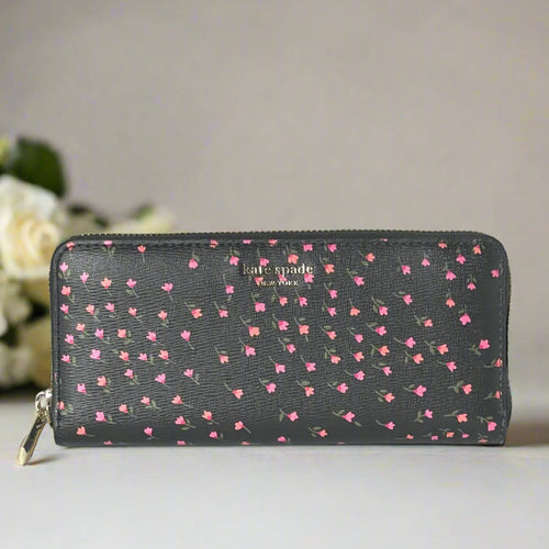 Kate Spade Sylvia Pink Floral Slim Wallet Womens Black Saffiano Zip Around