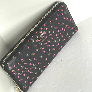 Kate Spade Sylvia Pink Floral Slim Wallet Womens Black Saffiano Zip Around