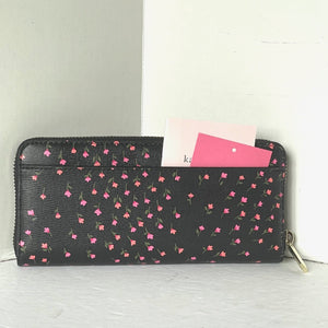 Kate Spade Sylvia Pink Floral Slim Wallet Womens Black Saffiano Zip Around