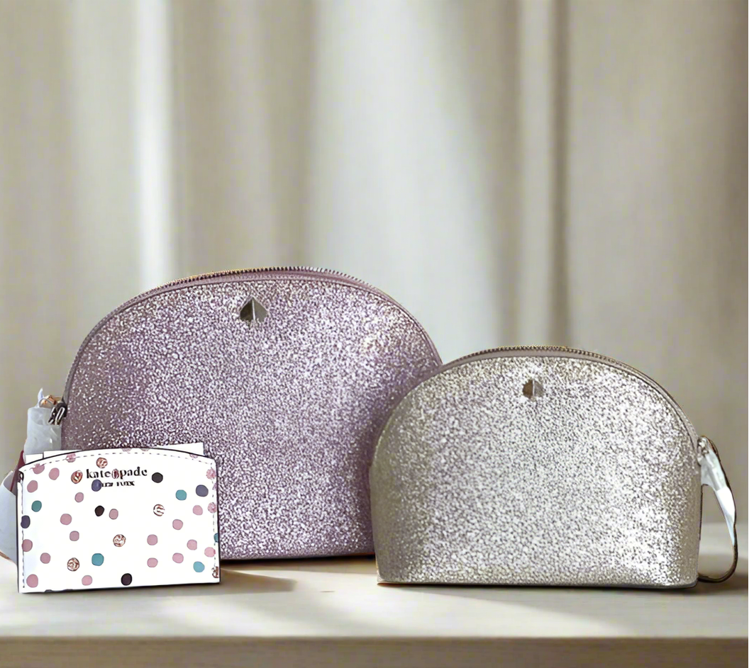 Kate Spade Trio Crossbody Set Wallet Pouch Rose Gold Glitter Makeup Card Case