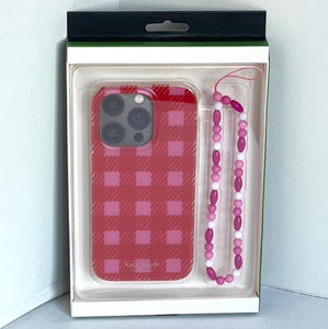 Kate Spade iPhone 14 PRO Case Wristlet Gingham Glitter Sam Icon Red Pink Sparkle