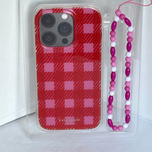 Kate Spade iPhone 14 PRO Case Wristlet Gingham Glitter Sam Icon Red Pink Sparkle