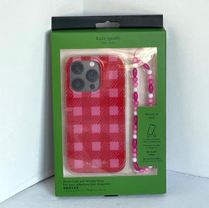 Kate Spade iPhone 14 PRO Case Wristlet Gingham Glitter Sam Icon Red Pink Sparkle