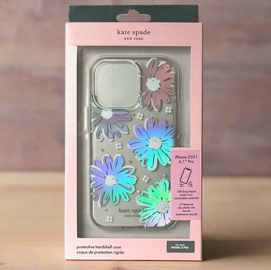 Kate Spade phone case with floral design in packaging on a white background