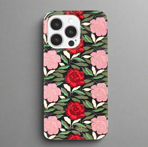 Phone case with floral design featuring red and pink flowers on a black background, branded 'kate spade'.