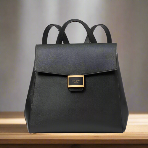 Black backpack with gold clasp on a white background