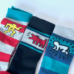 Keith Haring Crew Socks Trio Men 10-13 X 3 Pairs Assorted Pop Art Gift Set Box