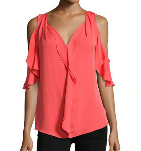 Kobi Halperin Silk Shirt Womens Large Pink V-Neck Cold Shoulder Ruffle Rochelle