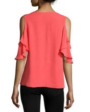 Load image into Gallery viewer, Kobi Halperin Silk Shirt Womens Large Pink V-Neck Cold Shoulder Ruffle Rochelle