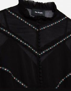 Kooples Shirt Womens Extra Small Black Long Sleeve Mock Neck Floral Ruffle Top