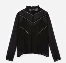 Load image into Gallery viewer, Kooples Shirt Womens Extra Small Black Long Sleeve Mock Neck Floral Ruffle Top