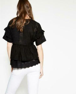Kooples Shirt Womens Extra Small Black V-Neck Embroidered Cotton Ruffle Peplum