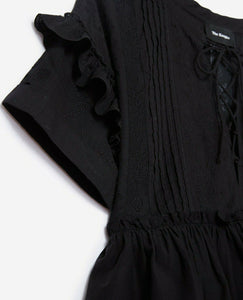 Kooples Shirt Womens Extra Small Black V-Neck Embroidered Cotton Ruffle Peplum