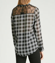 Load image into Gallery viewer, Kooples Shirt Womens Medium Black Button Up Plaid Damier Lace Neckline Crepe
